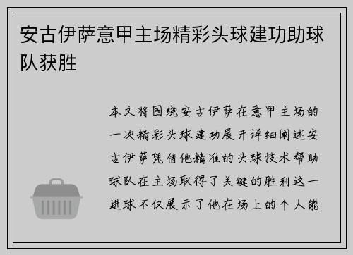 安古伊萨意甲主场精彩头球建功助球队获胜 安古伊萨意甲主场精彩头球建功助球队获胜