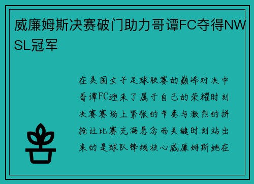 威廉姆斯决赛破门助力哥谭FC夺得NWSL冠军