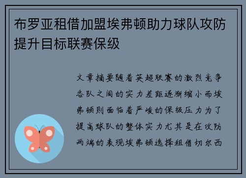 布罗亚租借加盟埃弗顿助力球队攻防提升目标联赛保级 布罗亚租借加盟埃弗顿助力球队攻防提升目标联赛保级