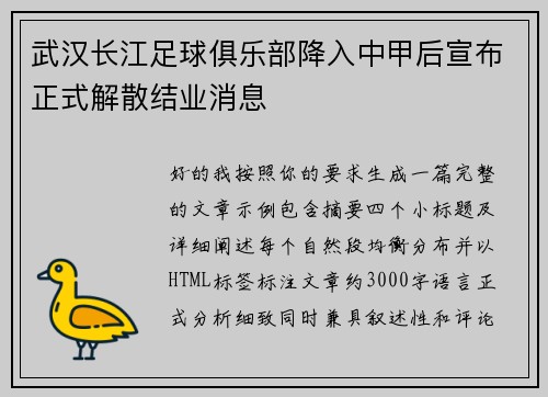 武汉长江足球俱乐部降入中甲后宣布正式解散结业消息