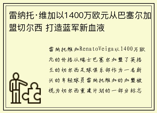雷纳托·维加以1400万欧元从巴塞尔加盟切尔西 打造蓝军新血液